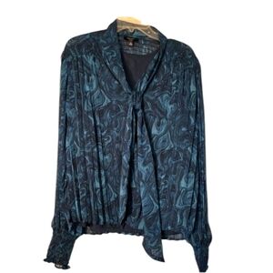 Haver London Blue Black Marbled Pattern Long Sleeve Blouse Set L EUC Pleats Boho